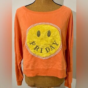 Women's Small Peach Love Orange “Friday” Smiley Face Sweatshirt Rhinestone